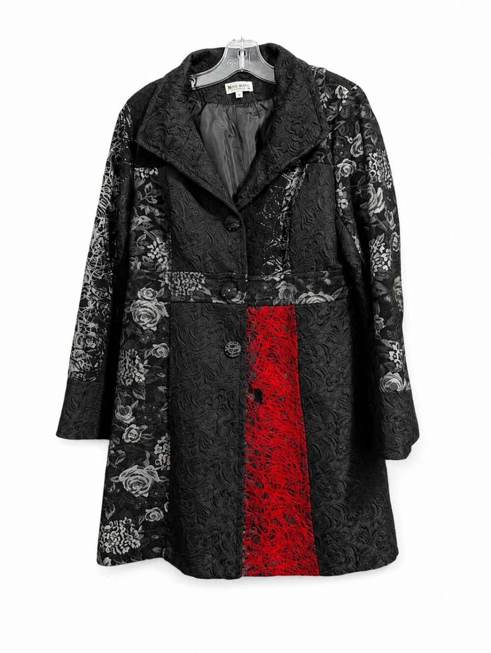 Papillon Vancouver Women’s XL Black Floral Brocade Coat Red Accent